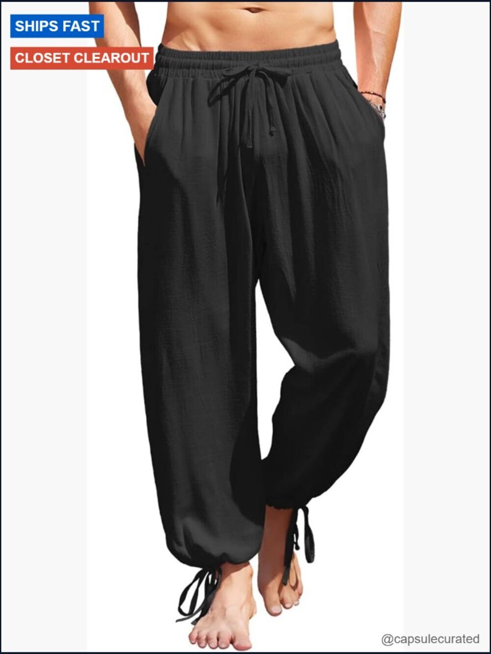 Men's Cotton Linen Harem Pants Elastic Waist Casual Yoga Trousers